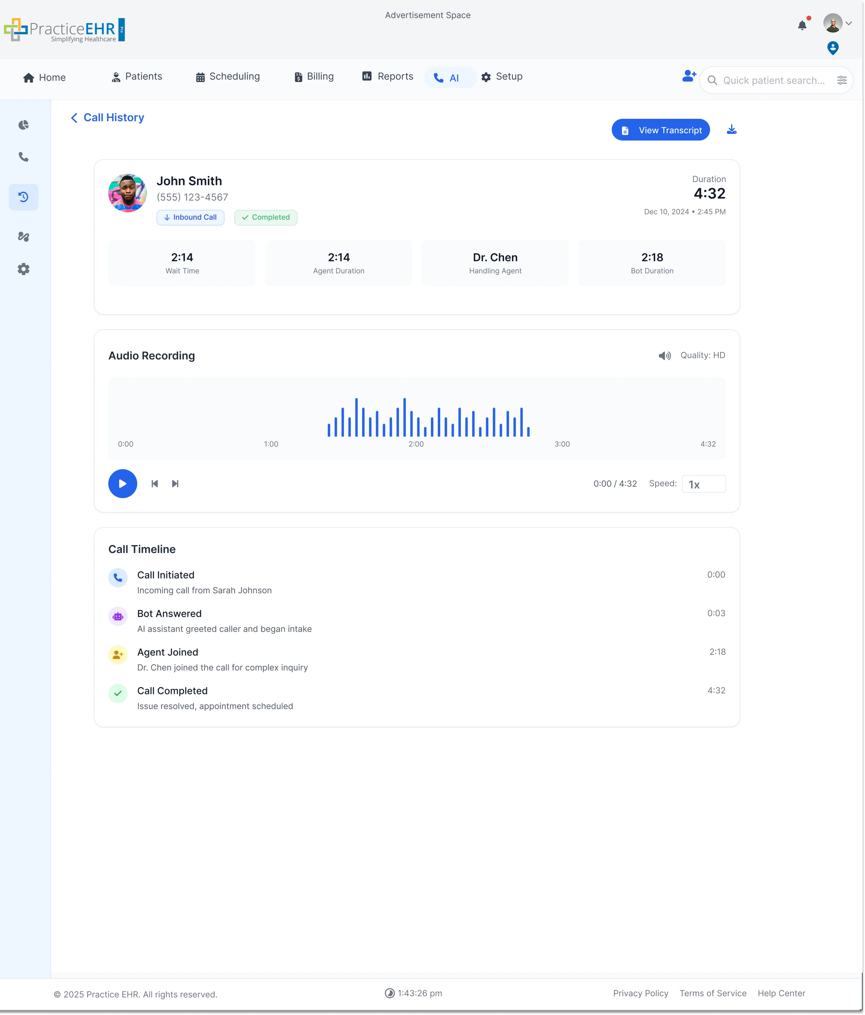 Call history details panel