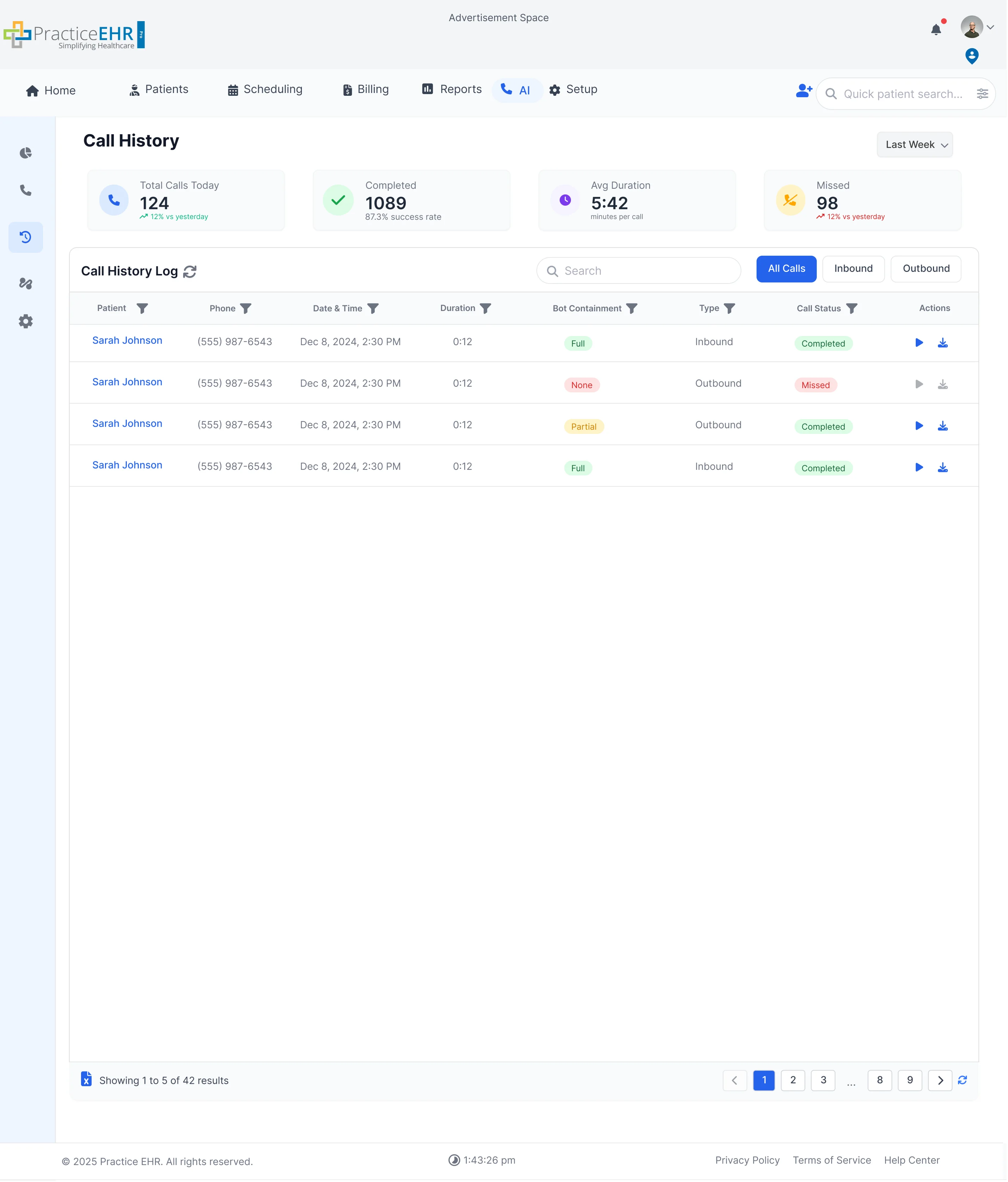 Call history KPIs and list