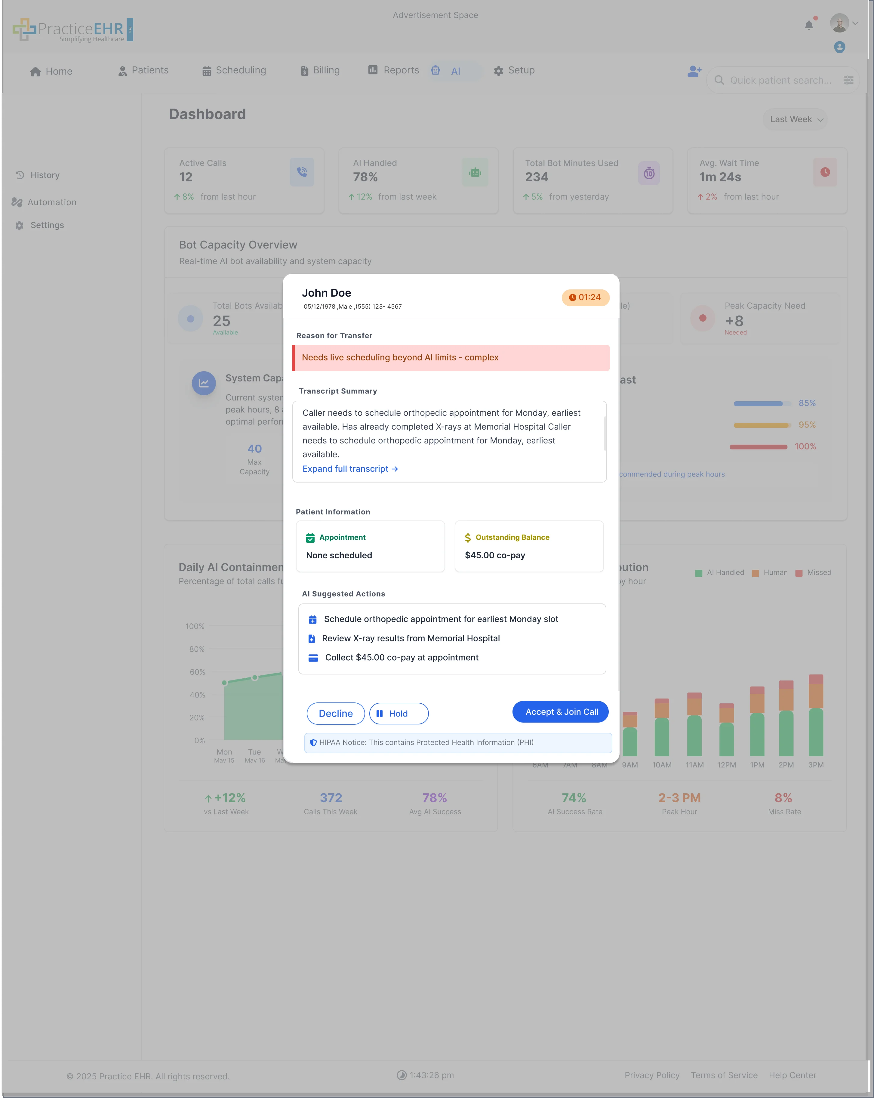 Transfer popup with timer and suggested actions