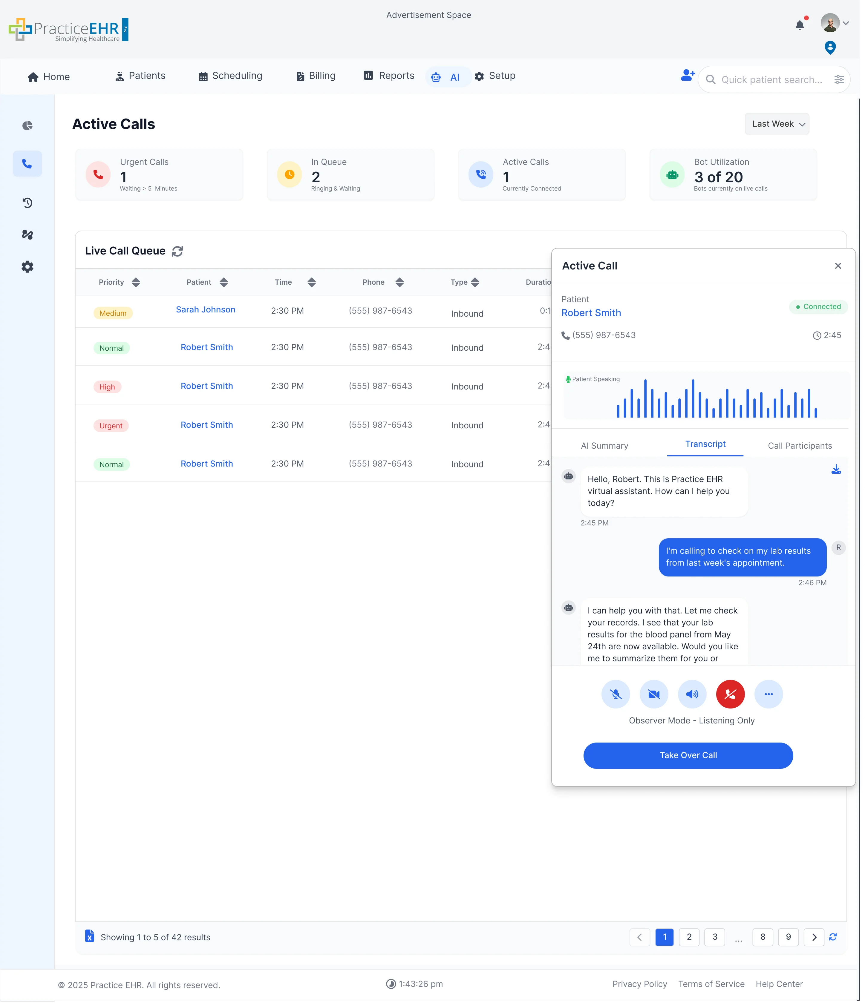 Call Handling Bar (AI Summary, Transcript, Participants, Actions)