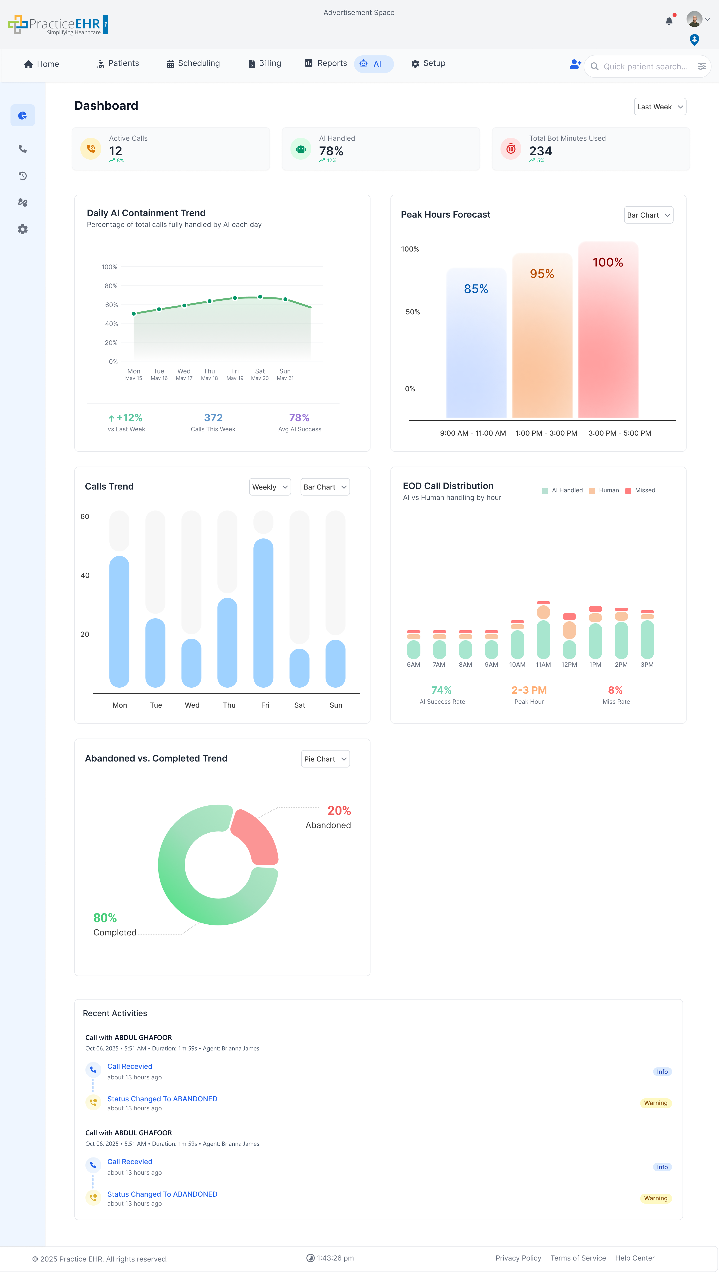 Dashboard KPIs and recent calls