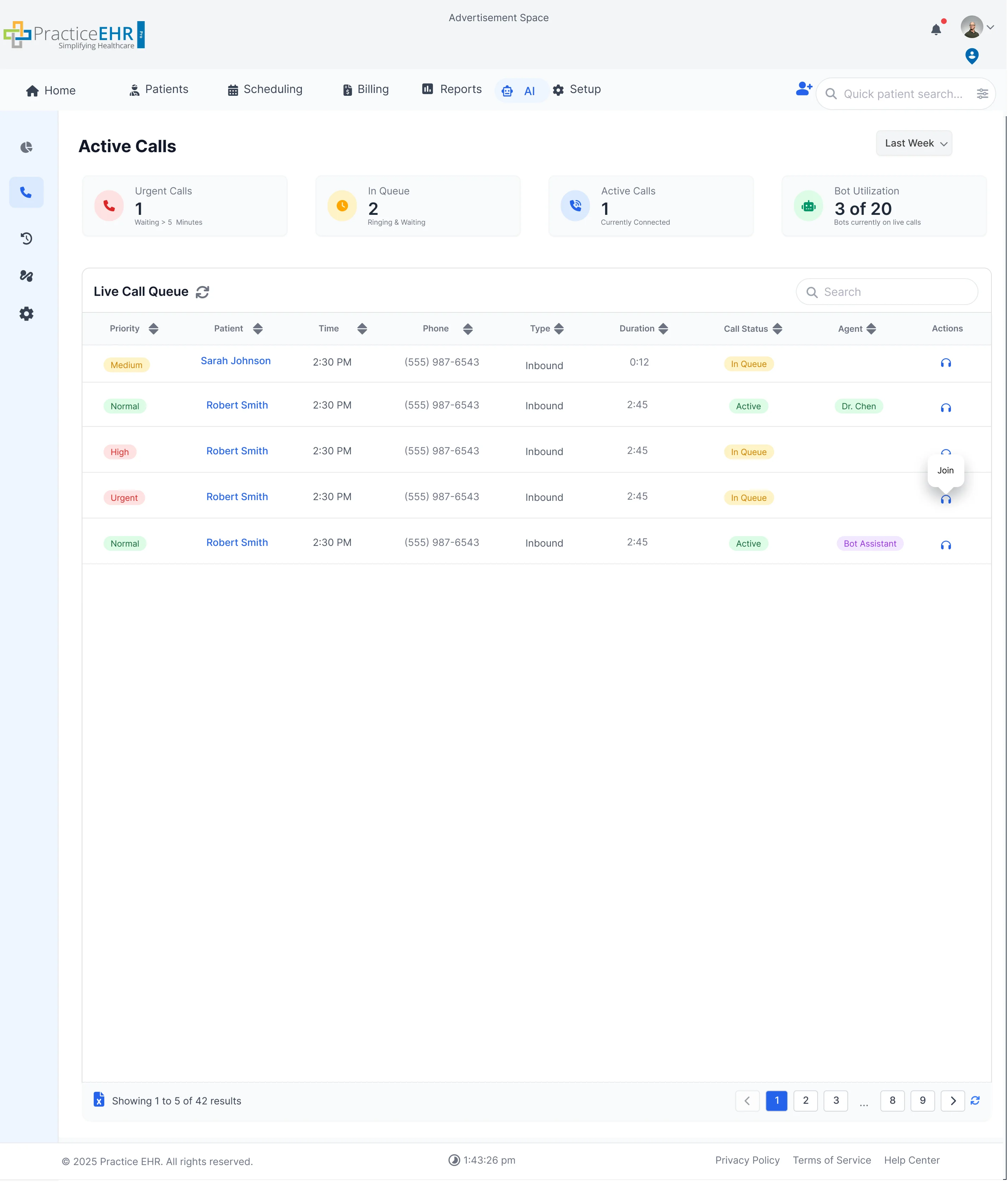Active Calls list and queue