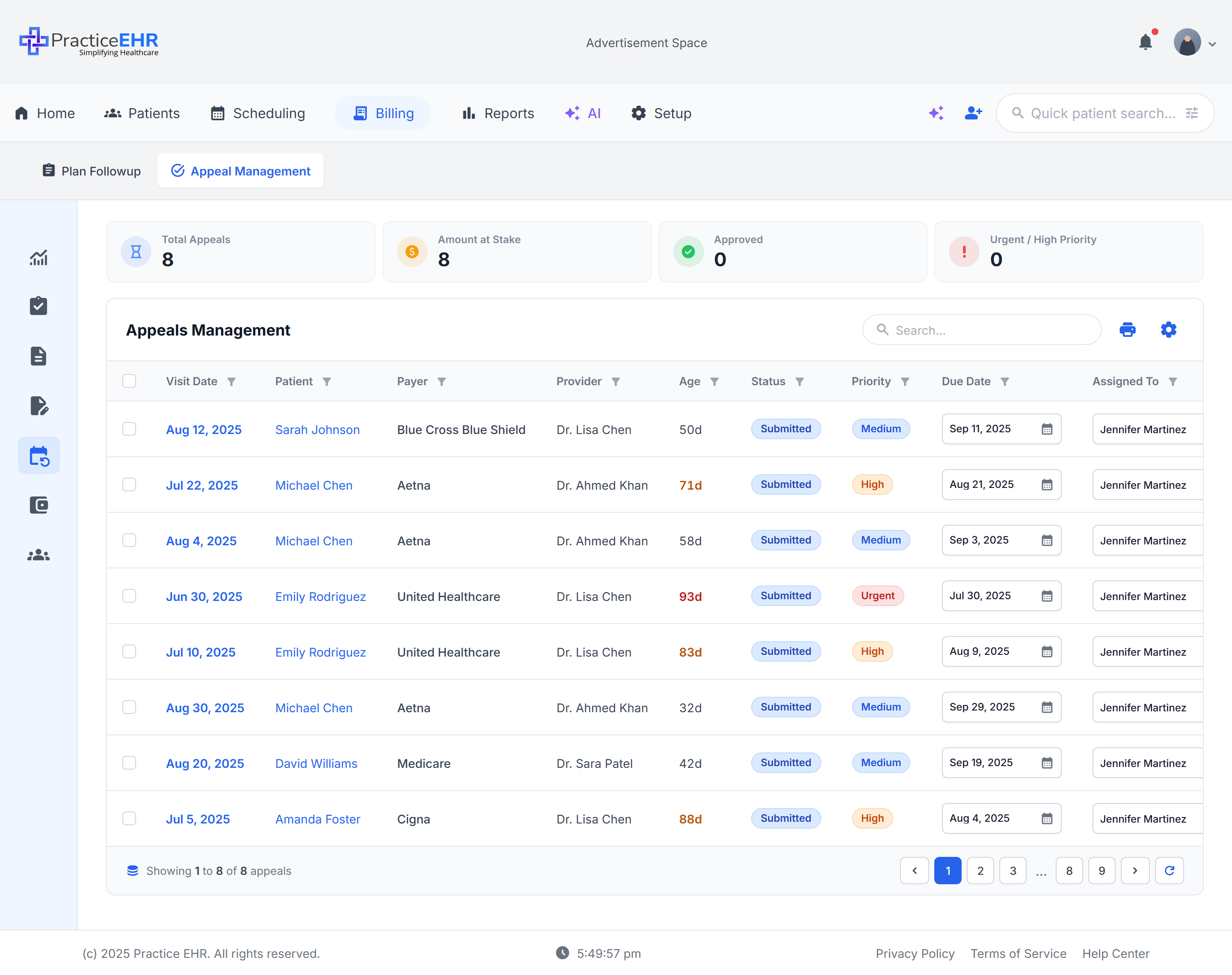 Appeals Management worklist with KPI cards, search, sortable headers, and due-date badges