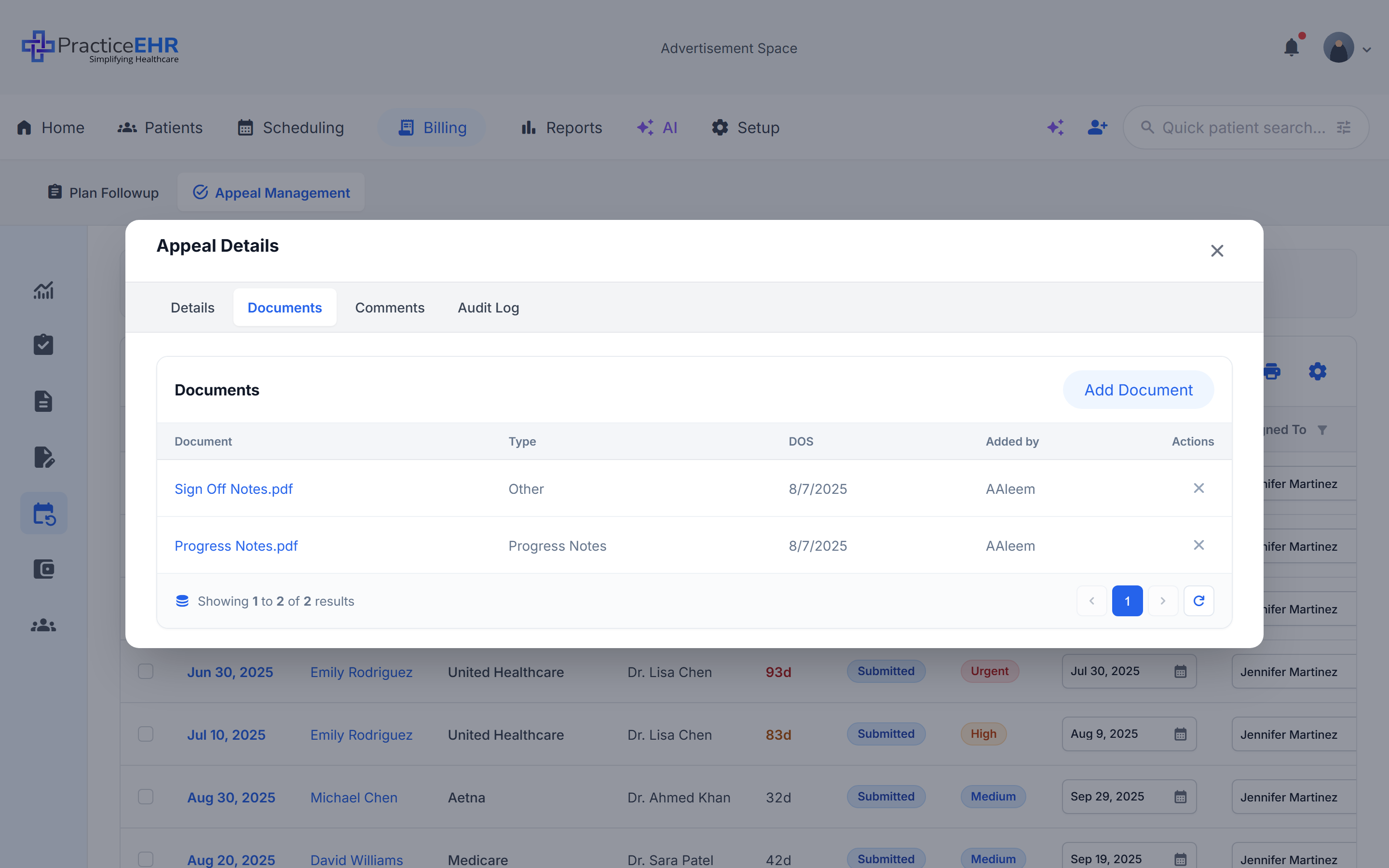 Appeal Details modal — Documents tab