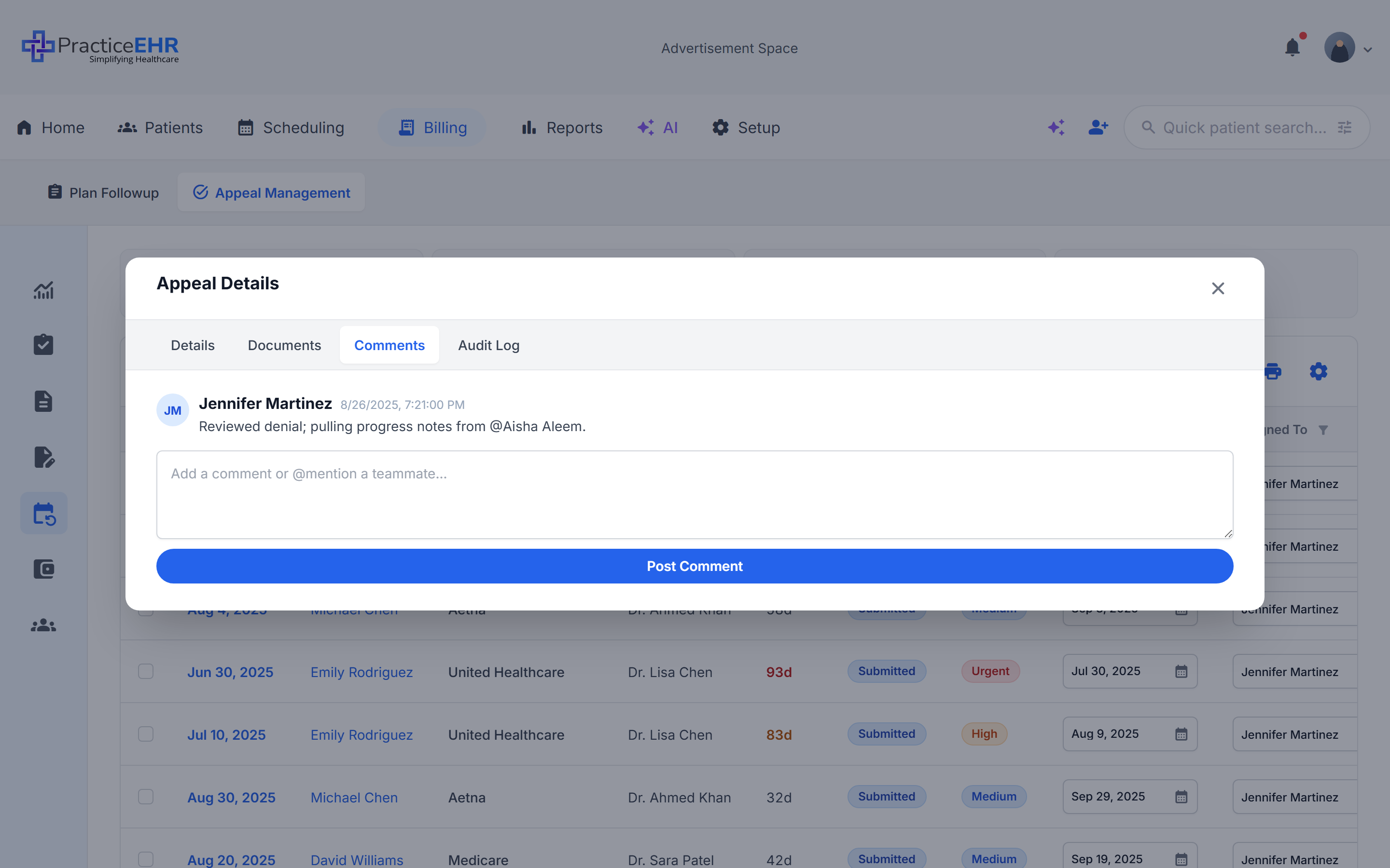 Appeal Details modal — Comments tab
