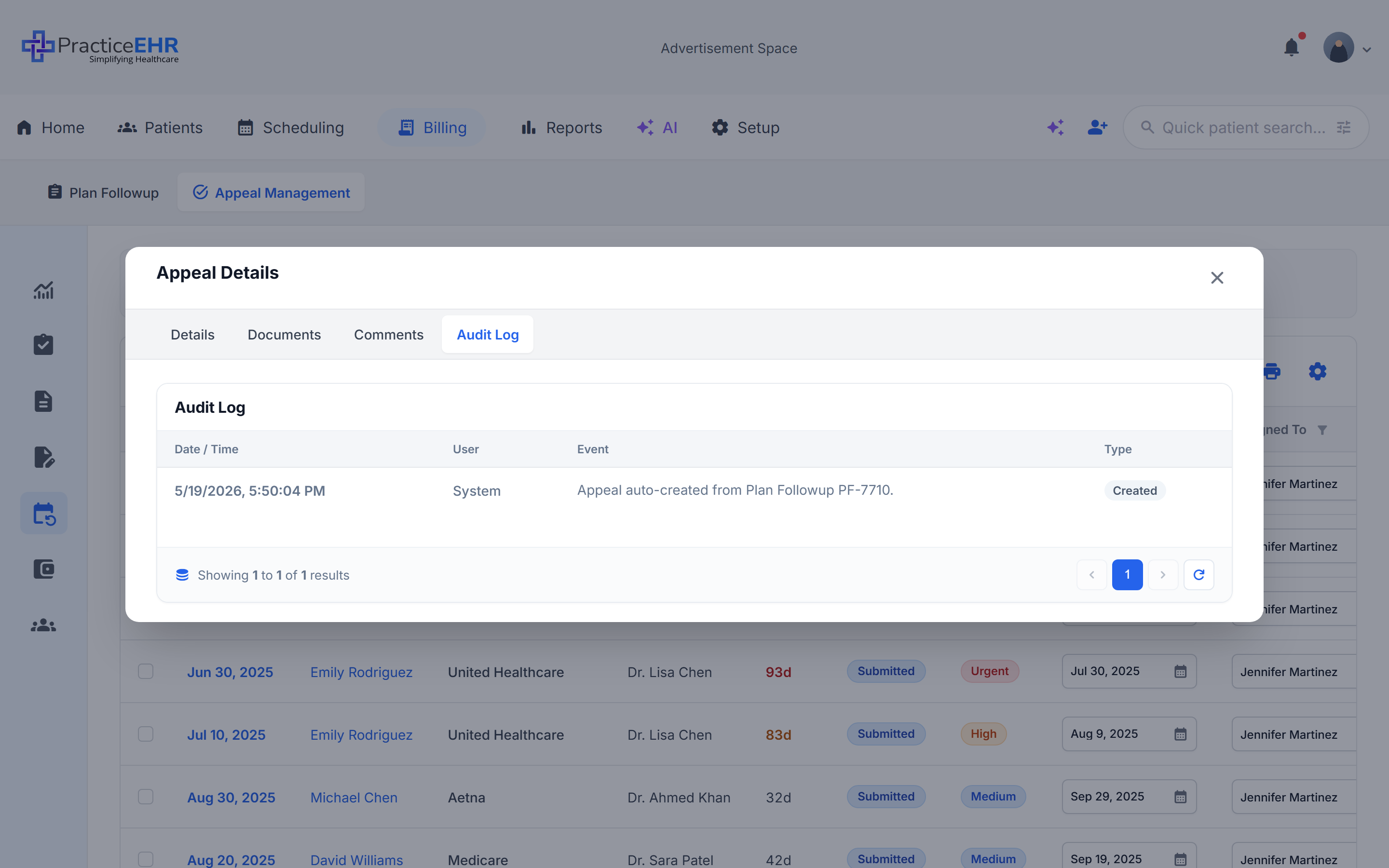 Appeal Details modal — Audit Log tab