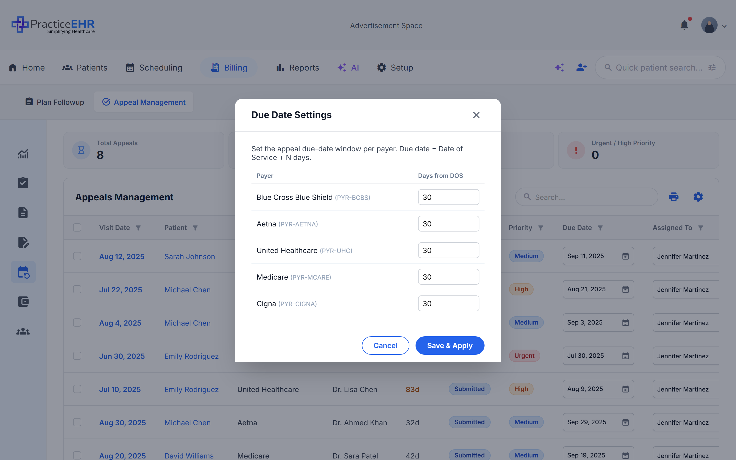 Due Date Settings modal with one row per payer and a Days from DOS input