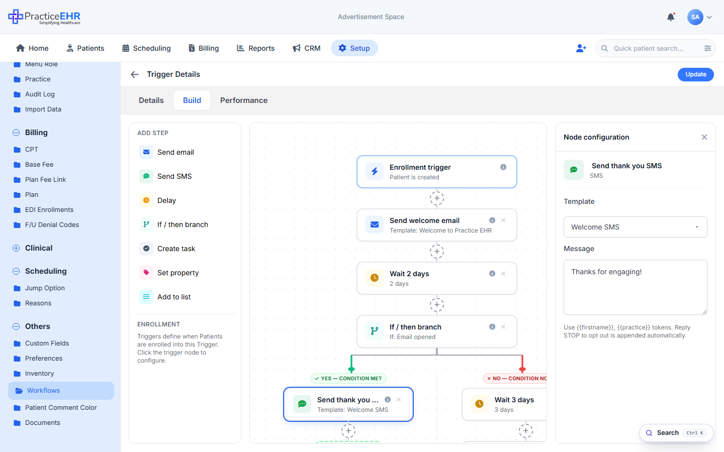 Send SMS node configuration (live mockup)