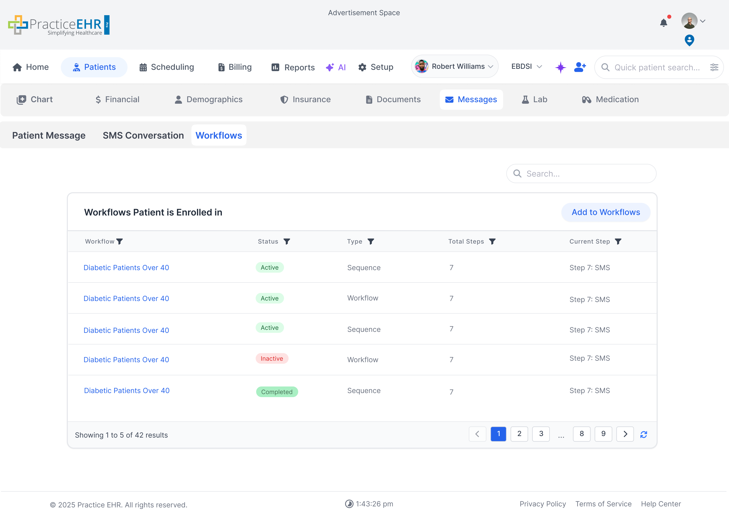 Patient -> Messages -> Workflows (Auto Search Grid)