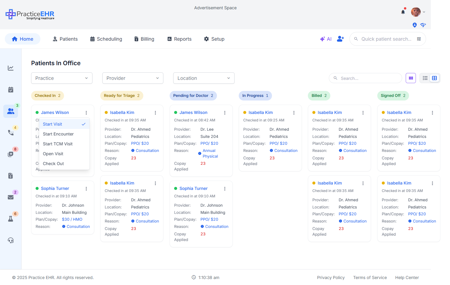Patients In Office card view — patients currently checked-in grouped by room status