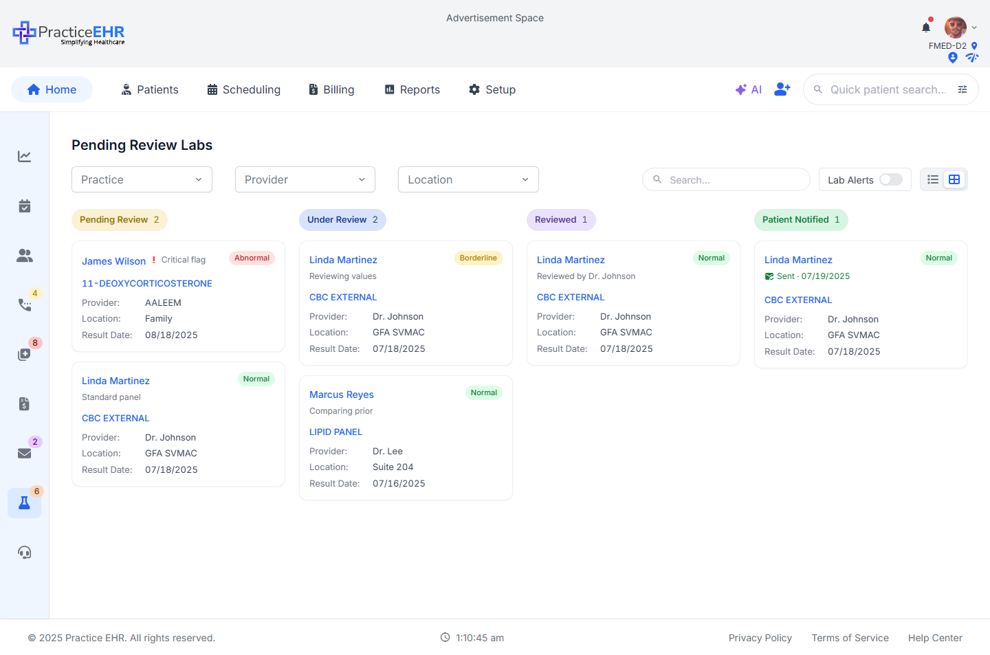 Pending Review Labs card view — incoming lab results awaiting provider review