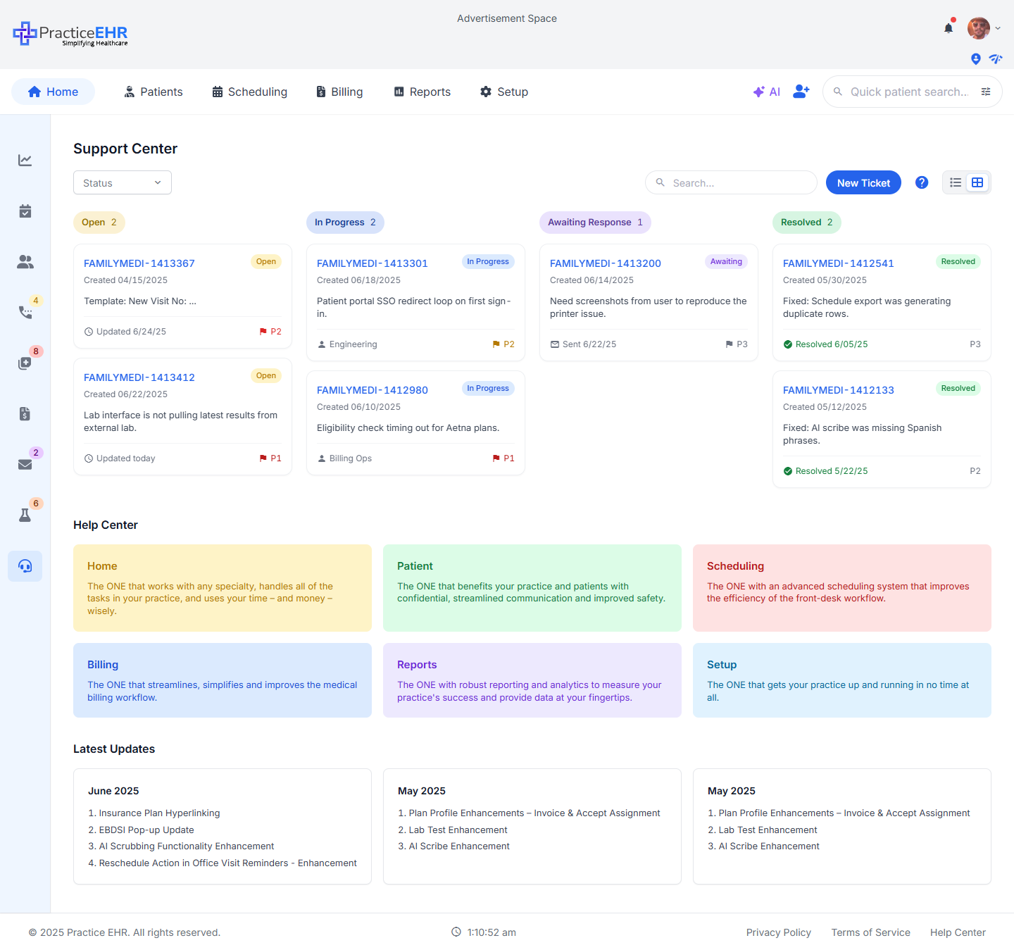 Support Center card view — tickets and announcements