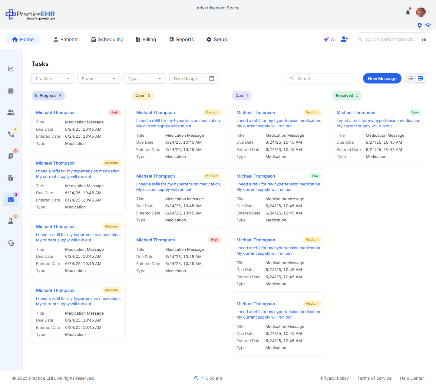 Tasks card view — open tasks grouped by status with due-date and priority badges