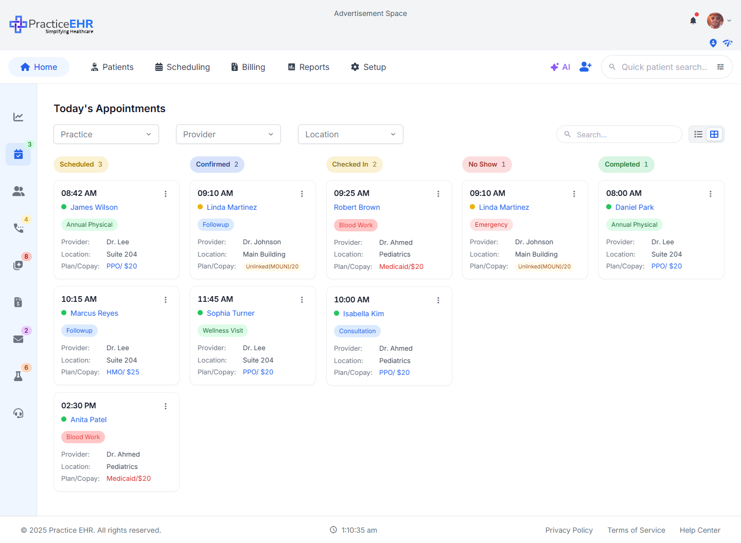 Today's Appointments card view — appointments grouped by status in columns