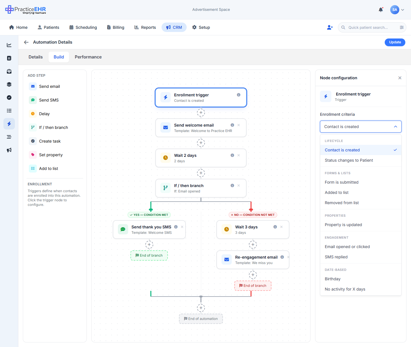 Enrollment criteria dropdown panel open