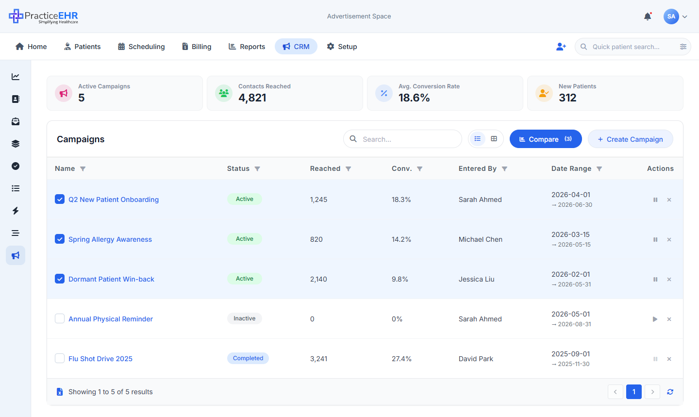 Campaigns compare flow with always-visible checkboxes and toolbar Compare button