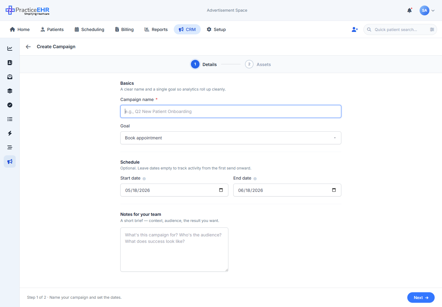 Create campaign layover step 1 - Details