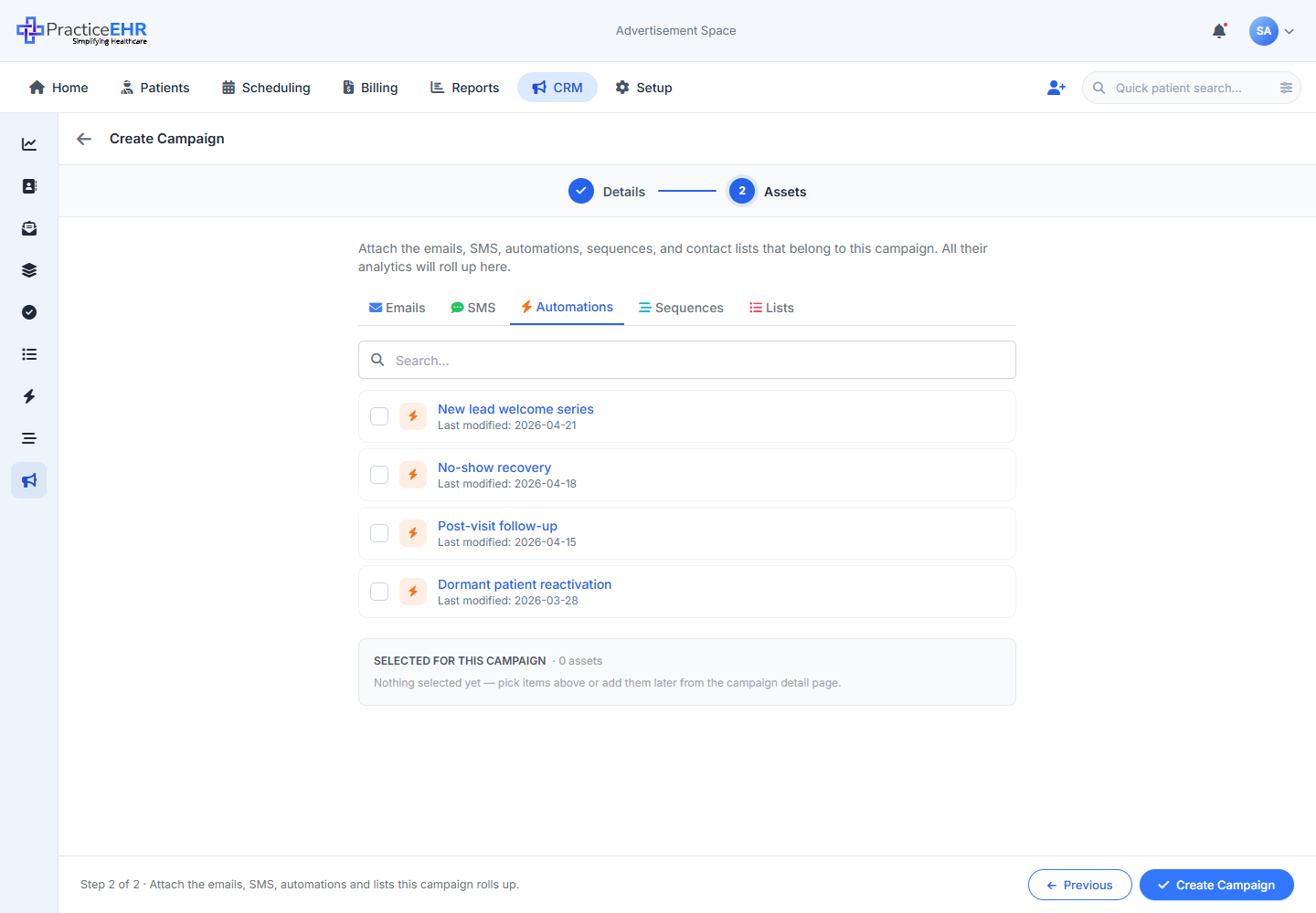 Create campaign layover step 2 - Automations