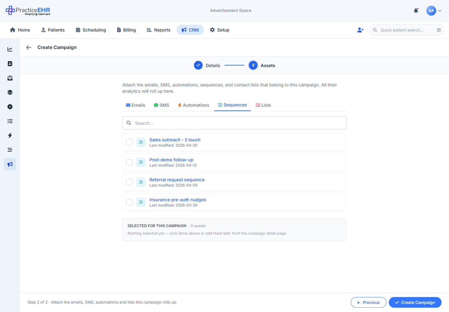 Create campaign layover step 2 - Sequences