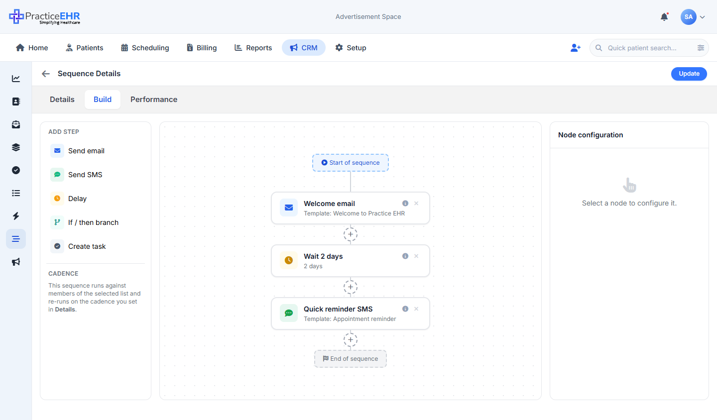 Built sequence canvas with email, delay, sms, task and branch nodes
