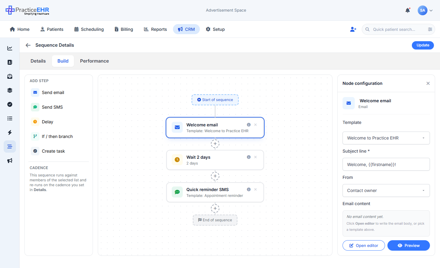 Email node selected showing config panel on the right