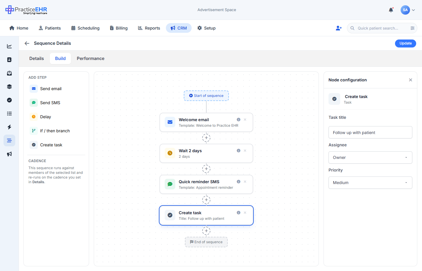 Task node selected showing task title, assignee and priority on the right