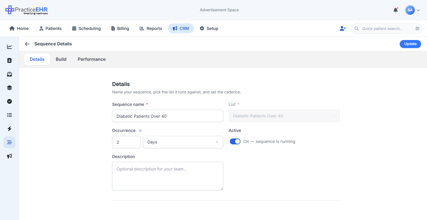 Sequence Details tab on an existing sequence — List dropdown locked