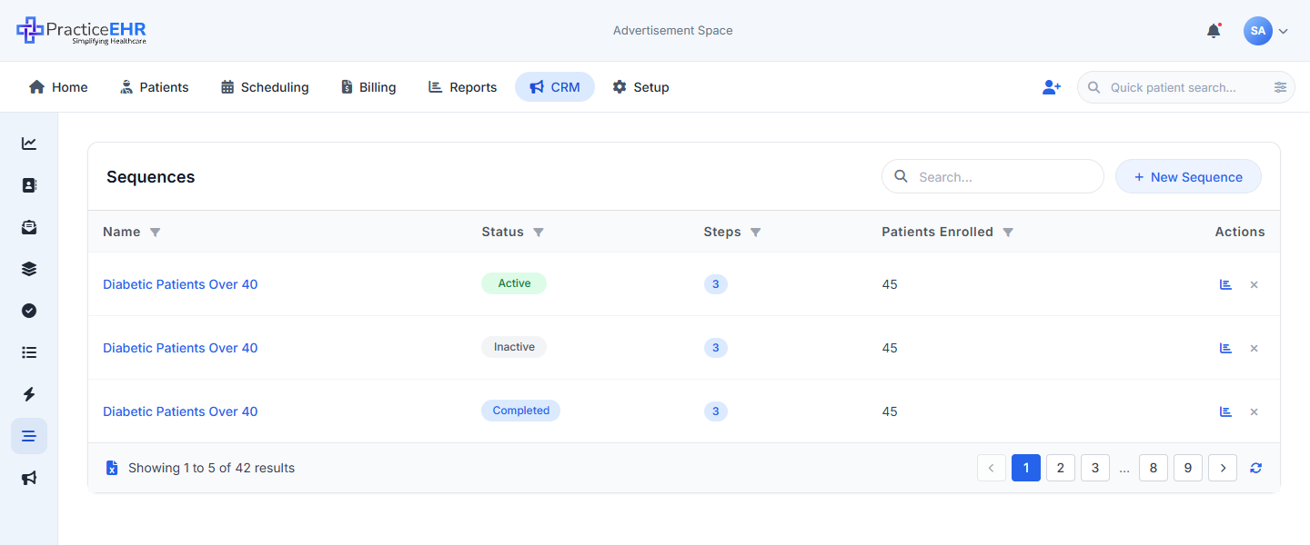 Sequences list with toolbar, table and pagination