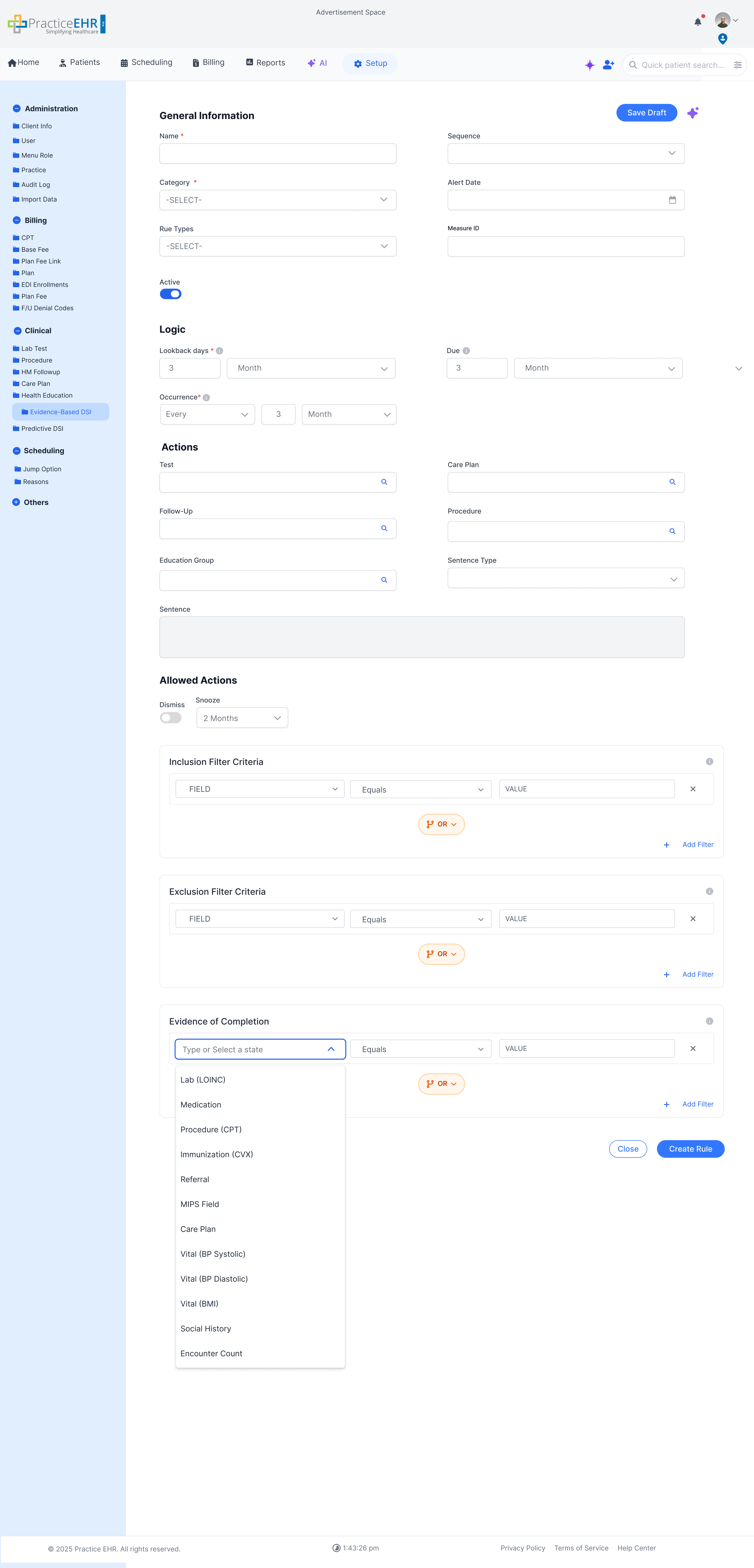 Evidence of completion field dropdown