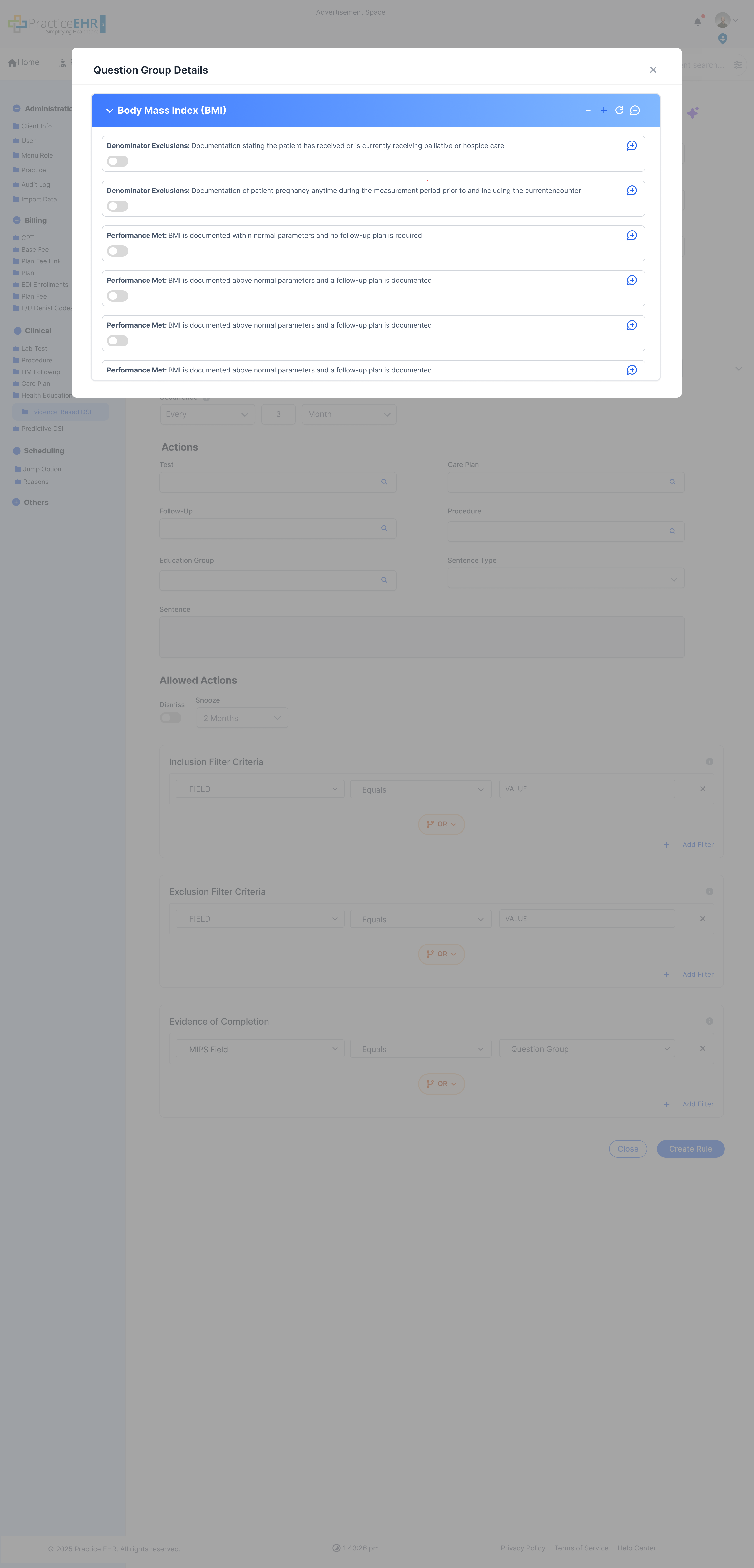 Question group details modal showing questions inside a MIPS question group