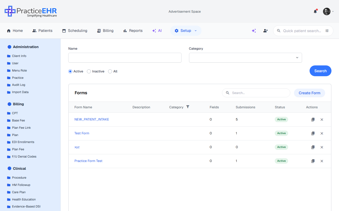 Forms grid — full page with filter bar and table