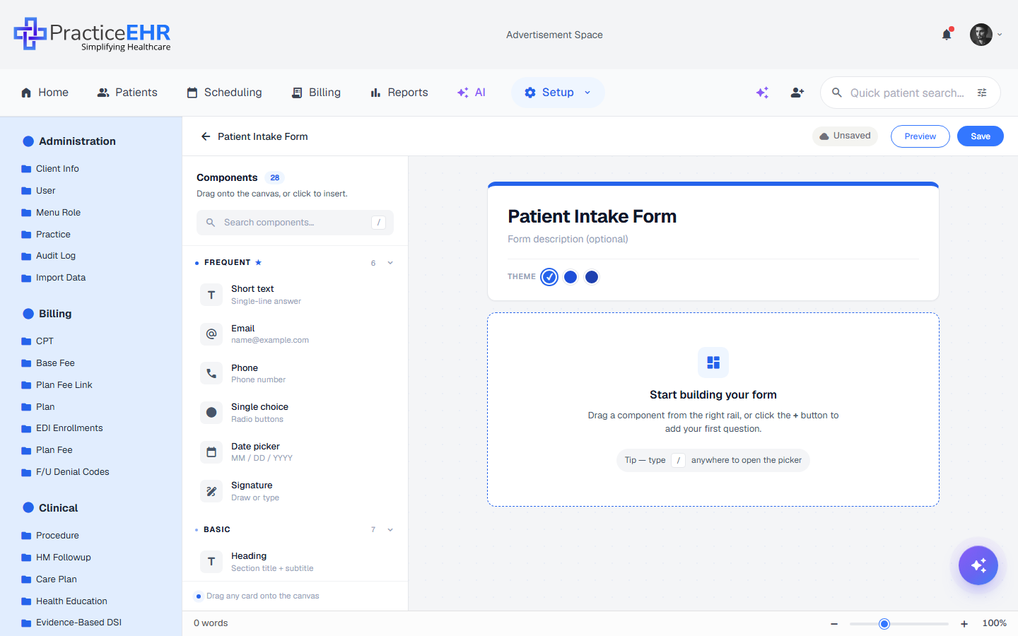 Step 2 — Form builder canvas with components panel