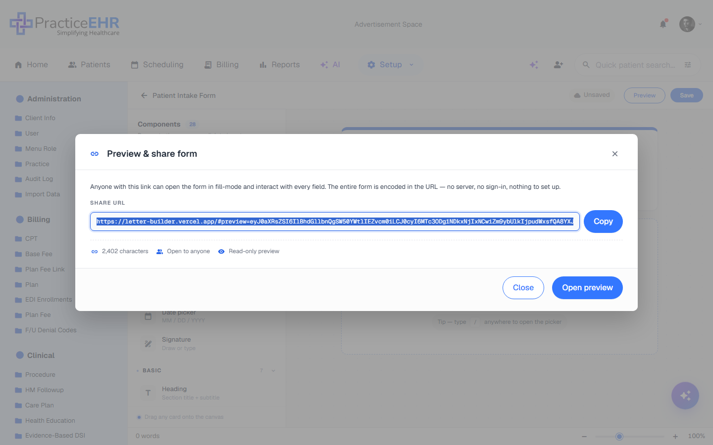 Preview & share modal