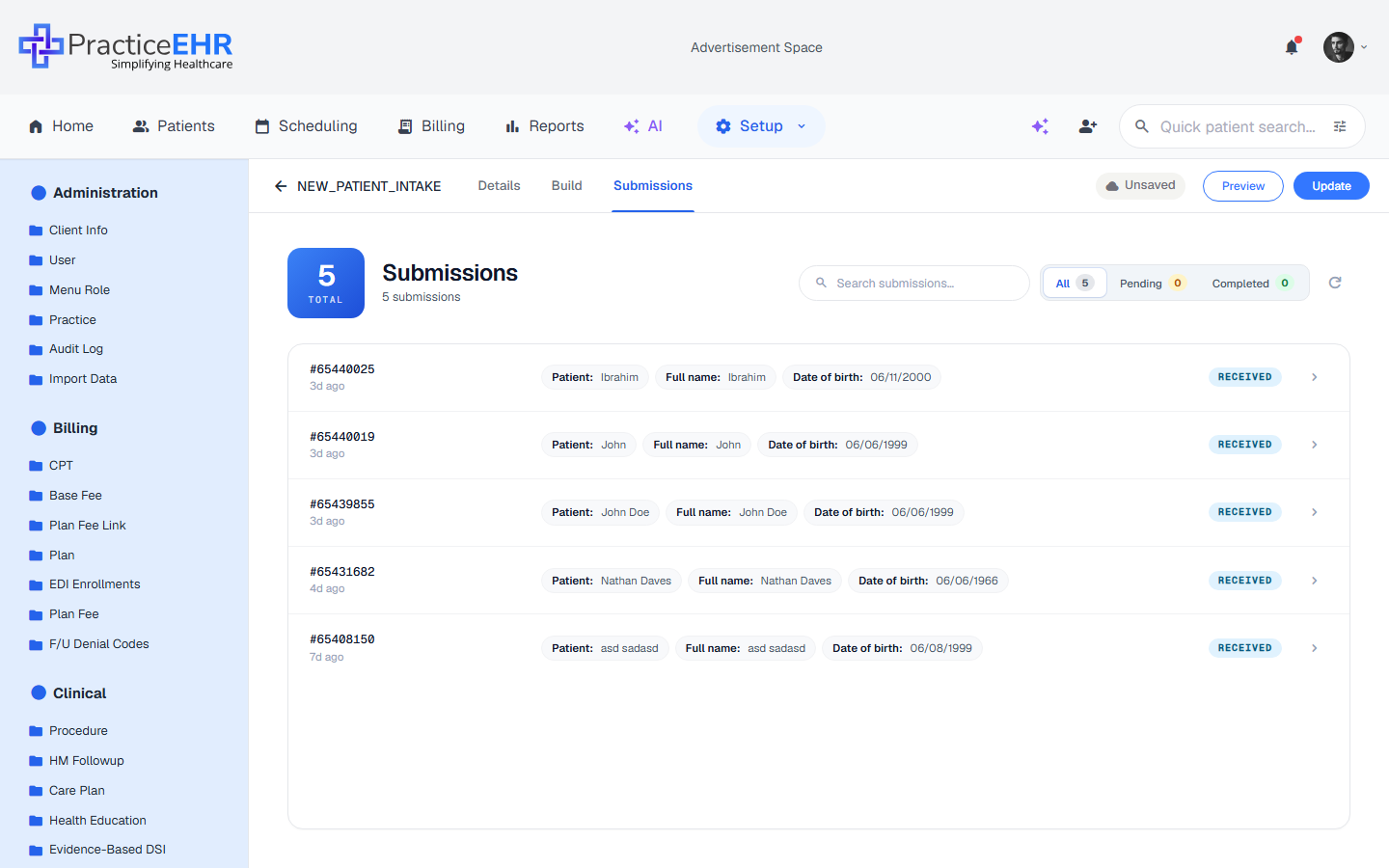 Existing form — Submissions tab with response inbox