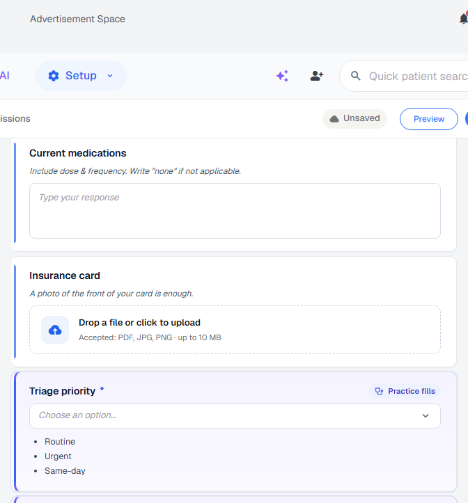 Field cards on the canvas — patient-fills field with white background vs practice-fills field with purple tint and stethoscope Practice fills badge