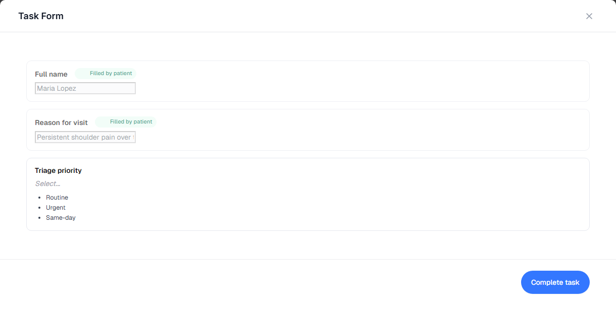 Task Form modal showing patient-filled fields, practice triage priority, and Complete task action
