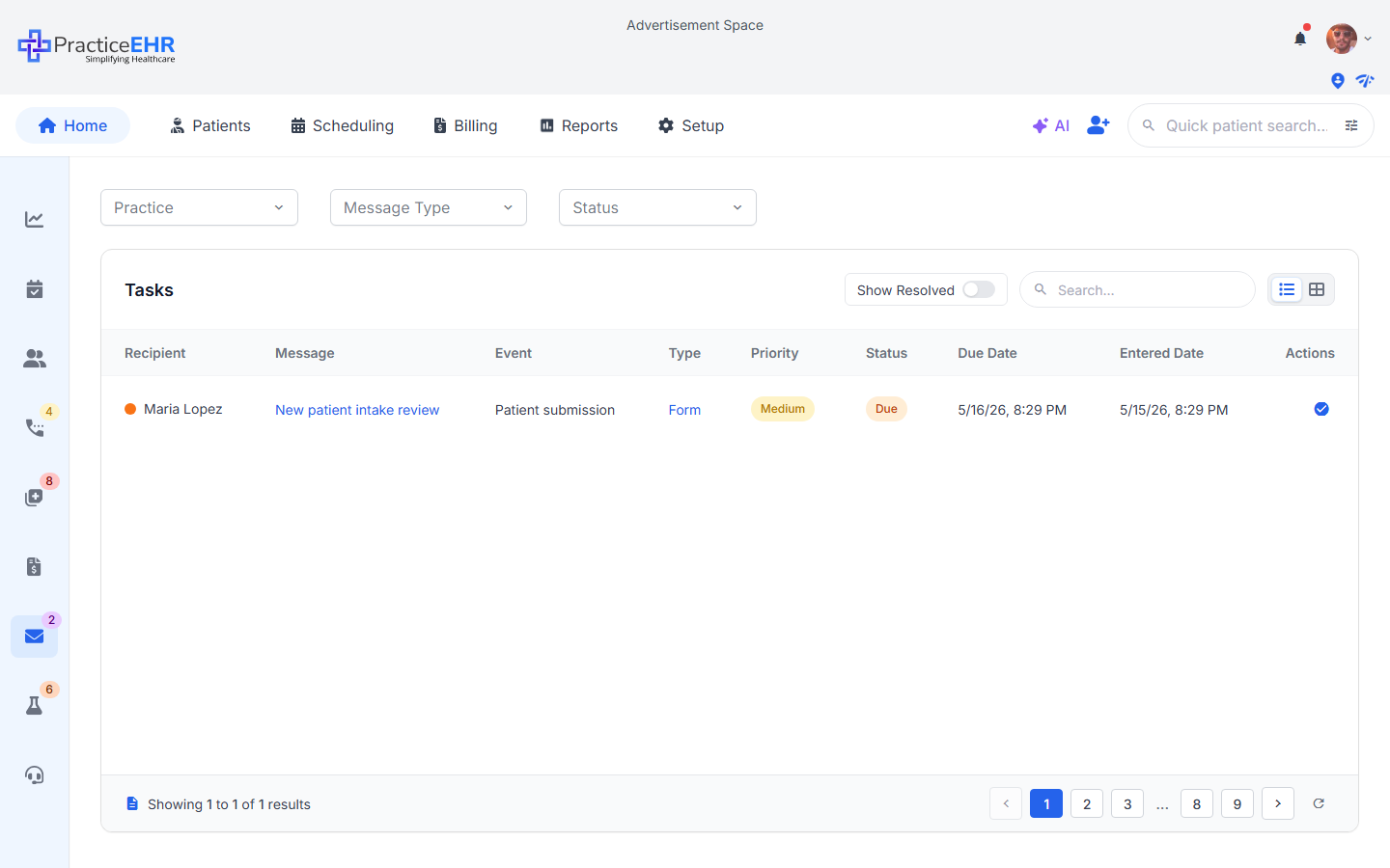 Home > Tasks queue — patient submission row that opens the Task Form via the check_circle action