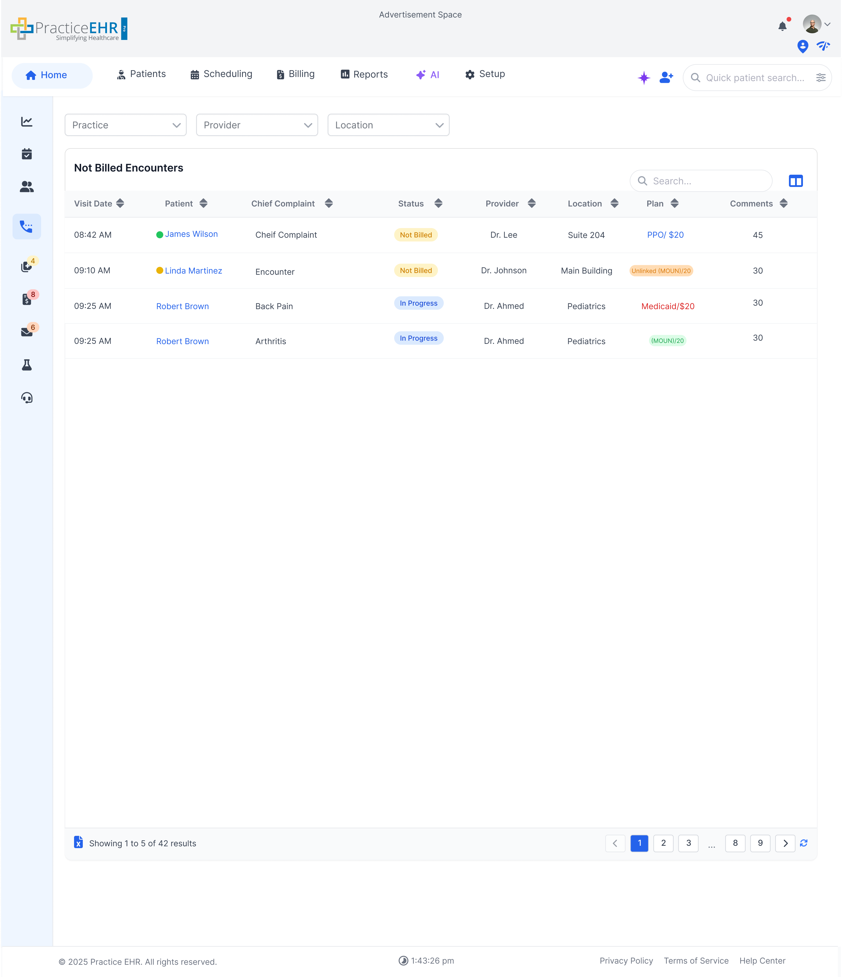 Not Billed Encounters (Multi Practice)