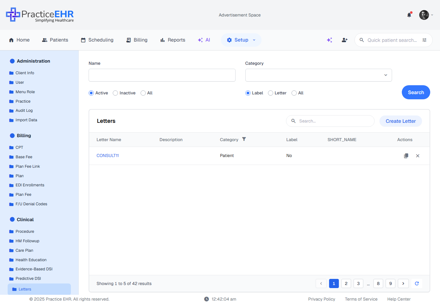 Letters grid — full page with filter bar, table and pagination