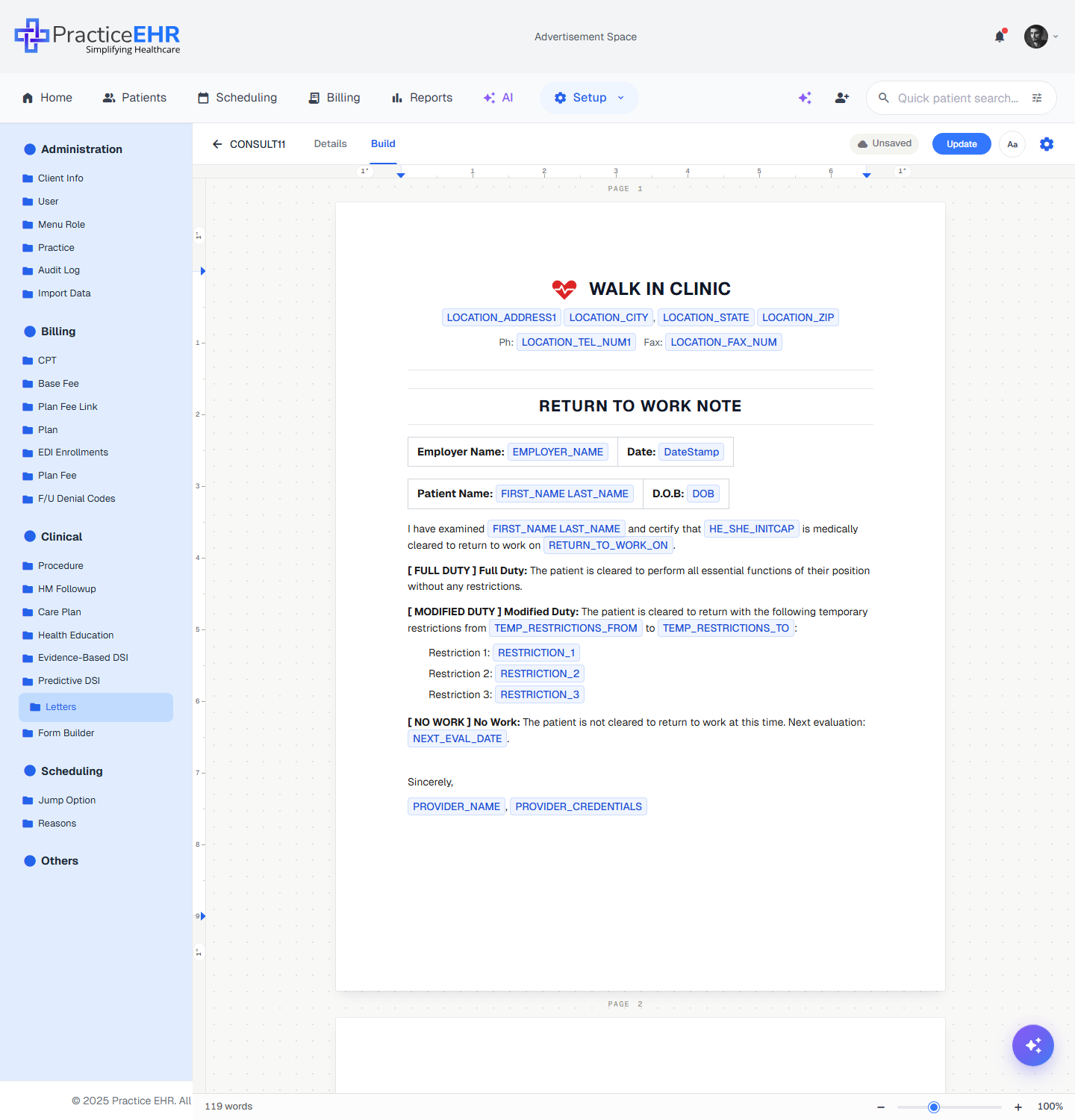 CONSULT11 — Build tab with the pre-filled Return to Work Note and Update button in the top bar