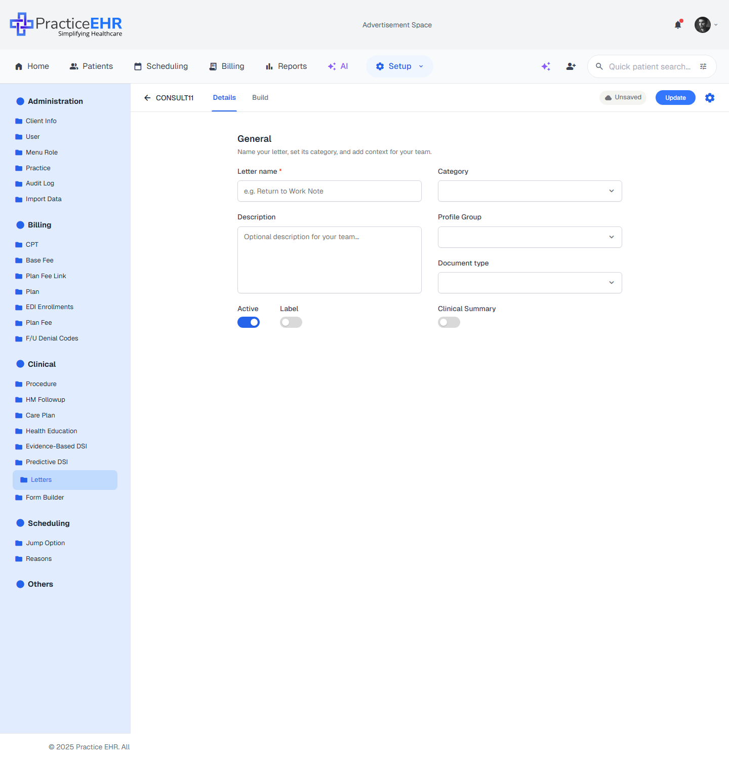CONSULT11 — Details tab with metadata fields and Update button in the top bar