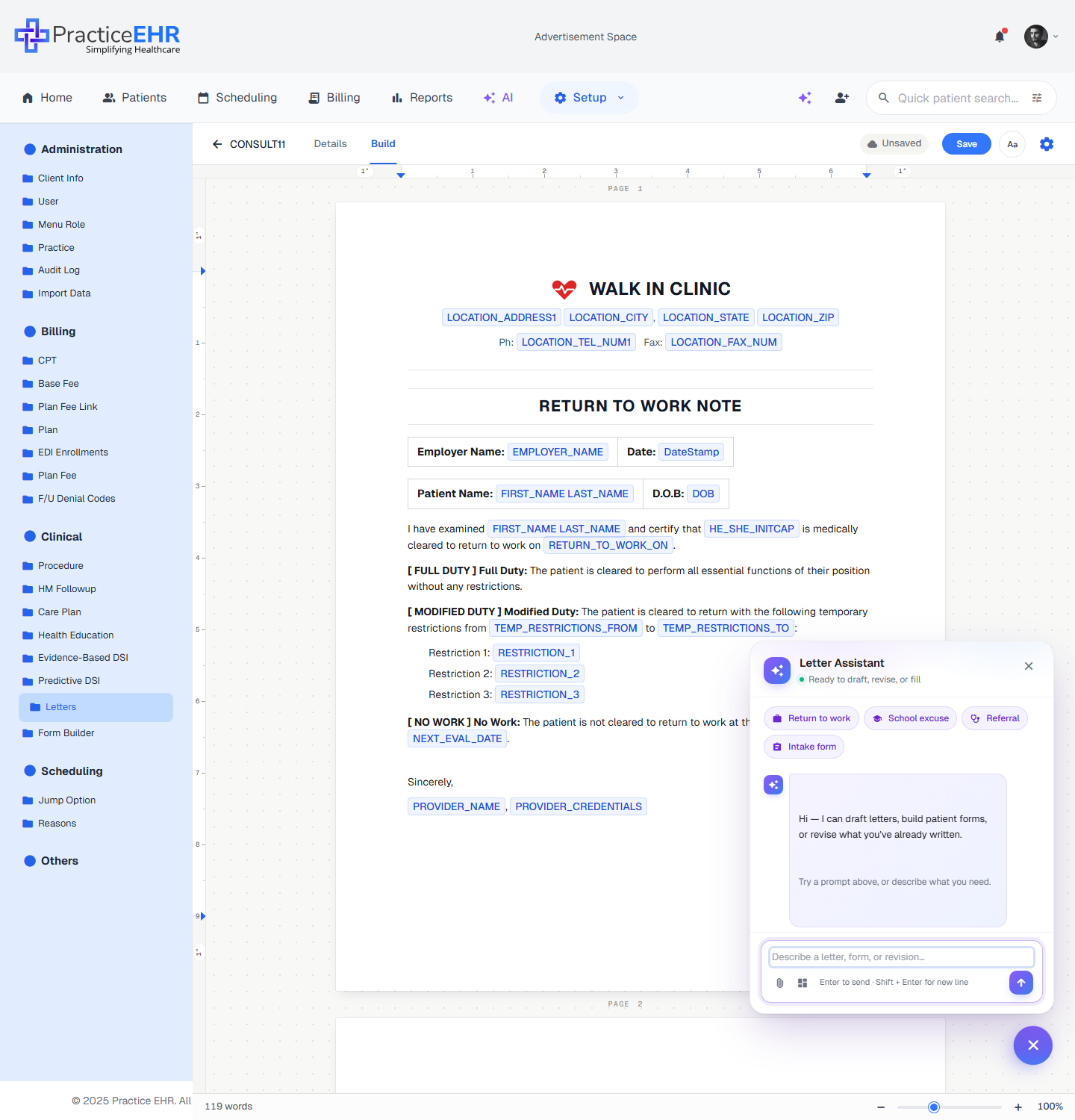 Letter Assistant — AI chat panel open beside the editor