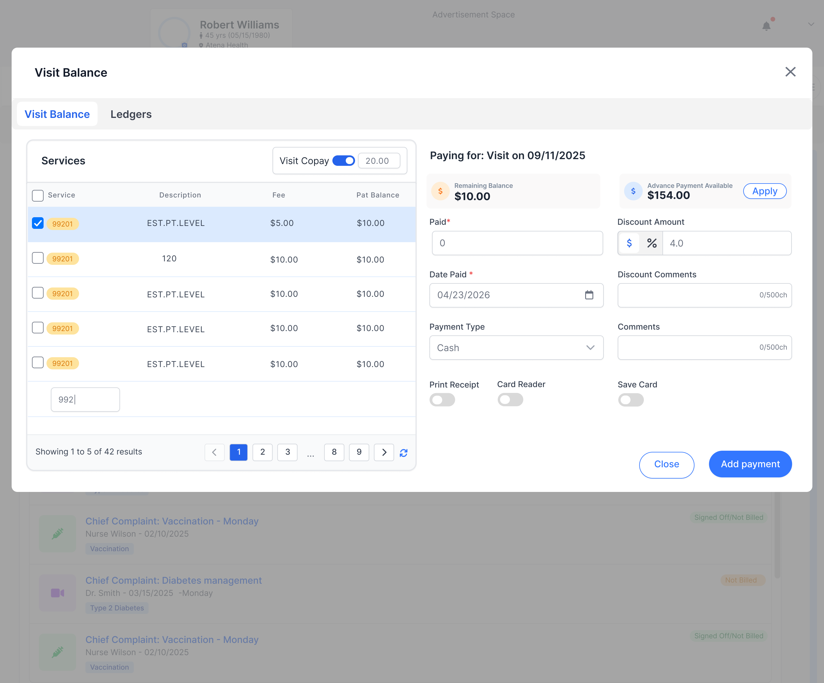 Patient Payment Modal - Visit Balance tab