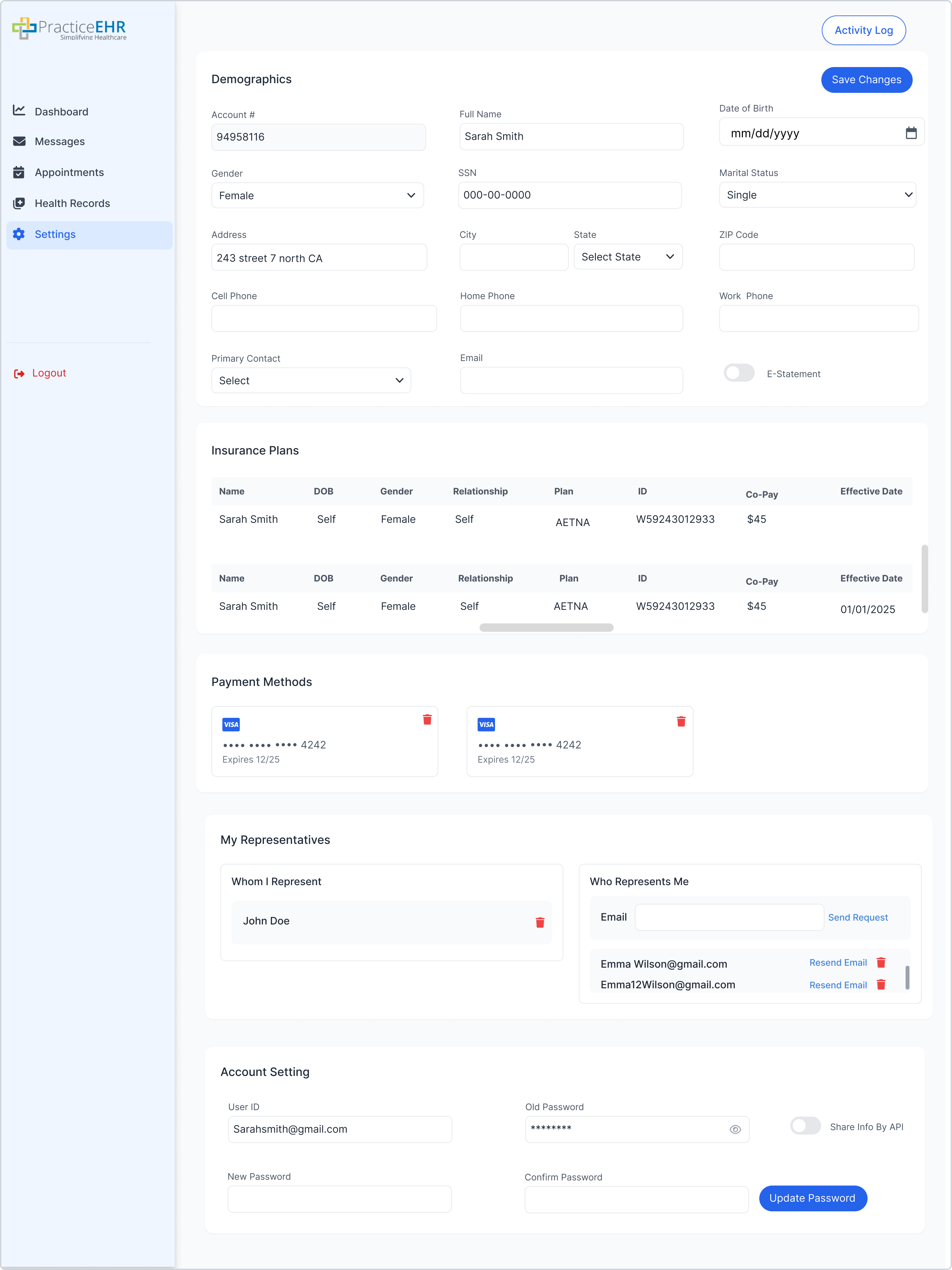 Settings Tab Main View