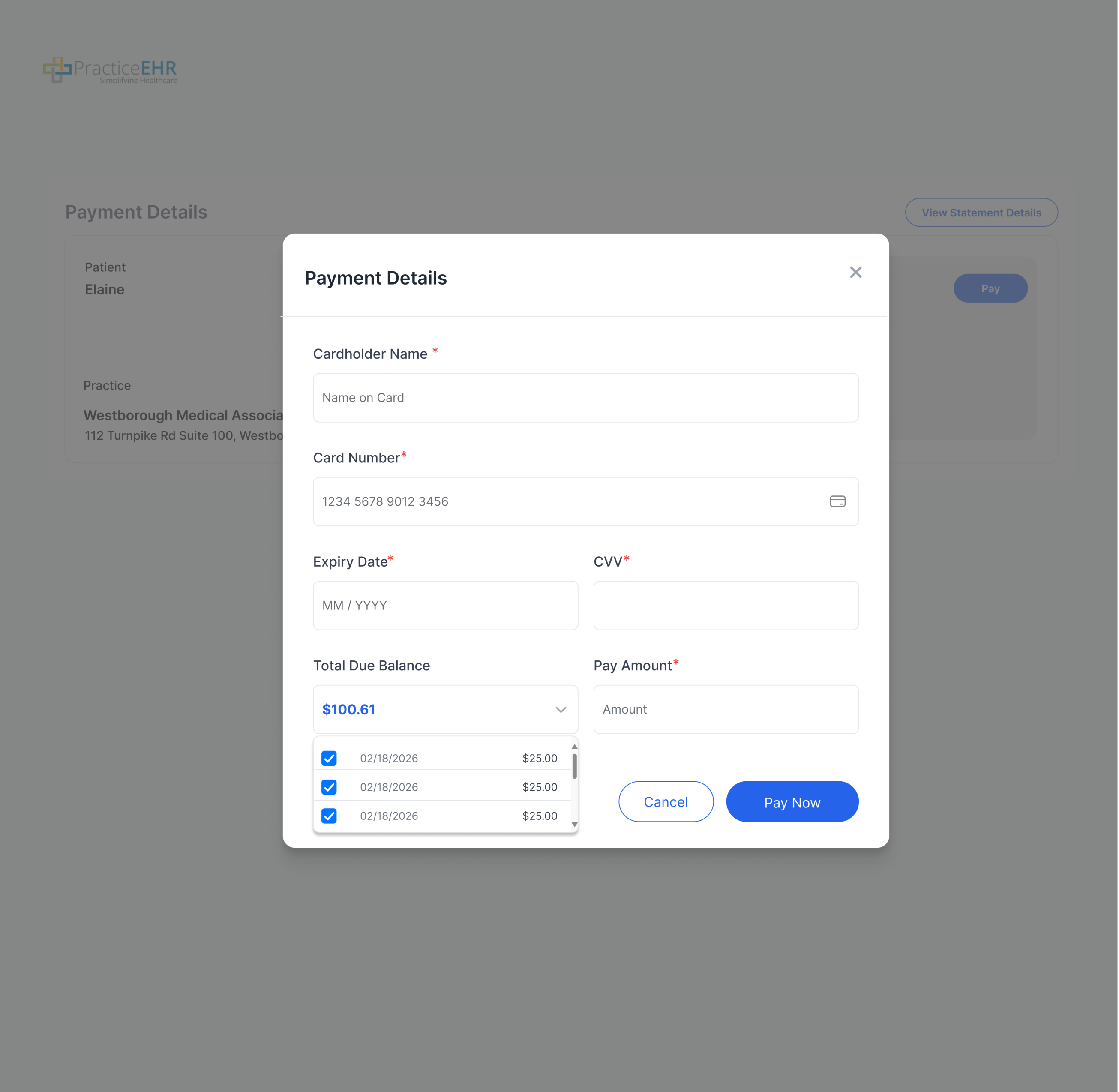 Payment Details modal with card fields and Total Due Balance dropdown