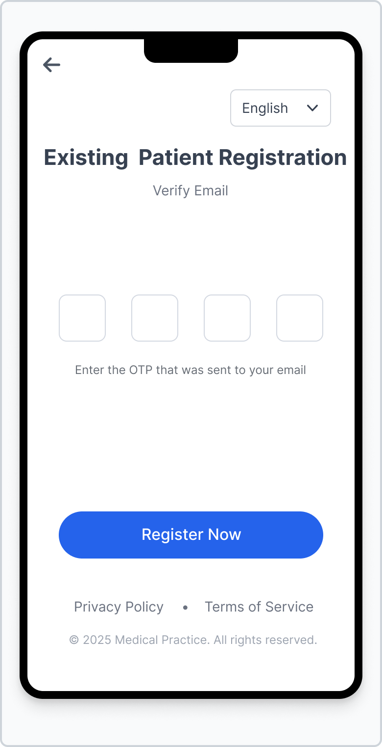 Existing patient OTP verification screen