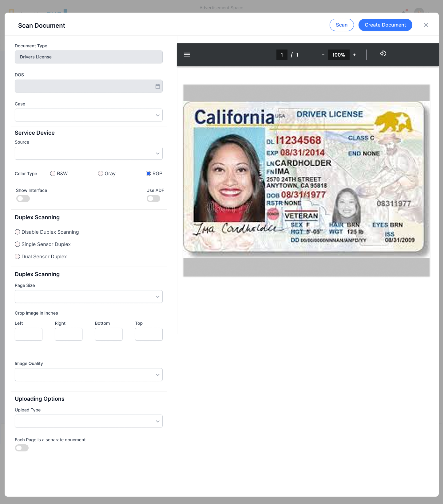 Scan Document modal - After Scan clicked (Scan becomes Secondary, Create Document becomes Primary)