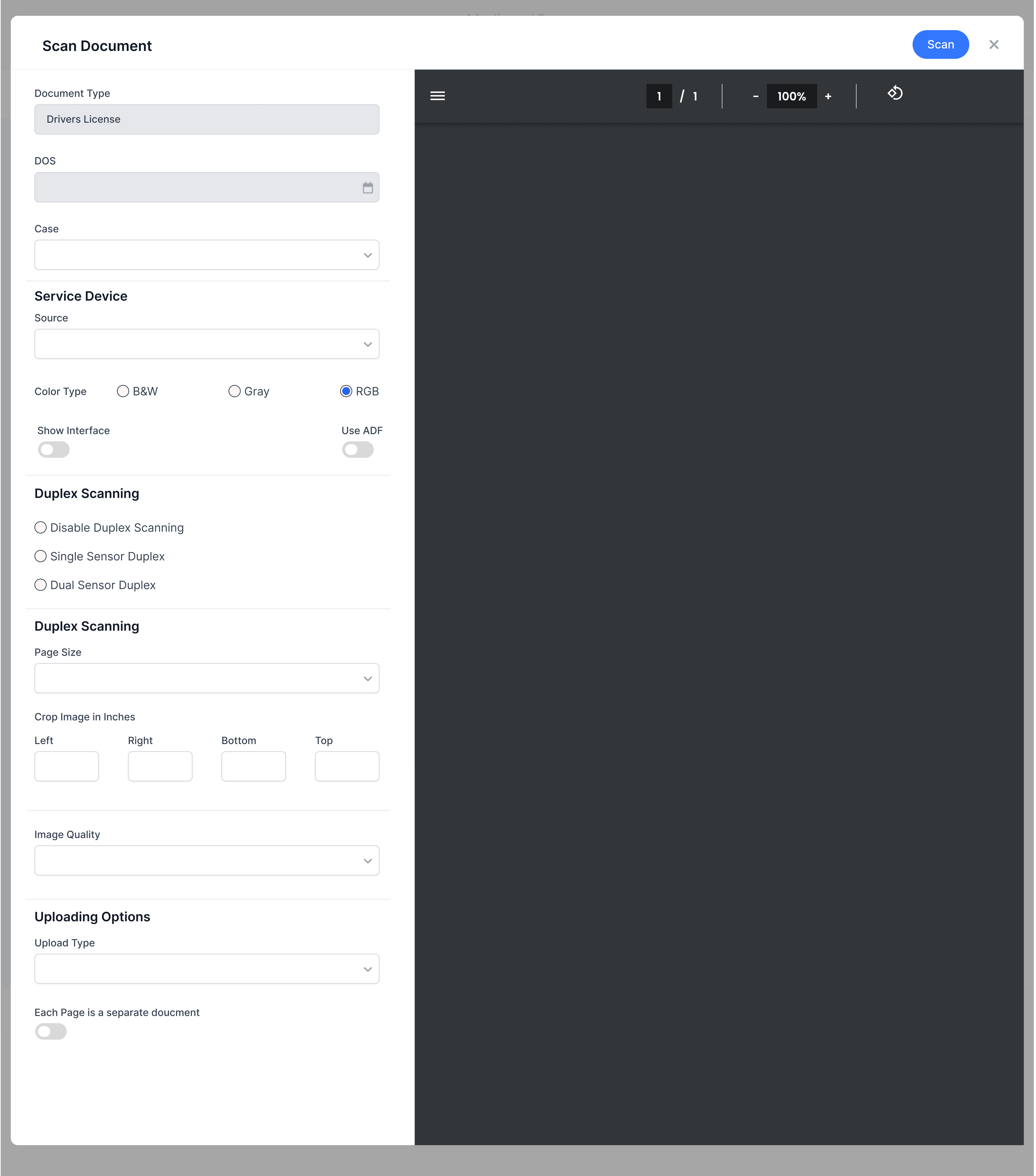 Scan Document modal - Initial state (only Scan button enabled as Primary)
