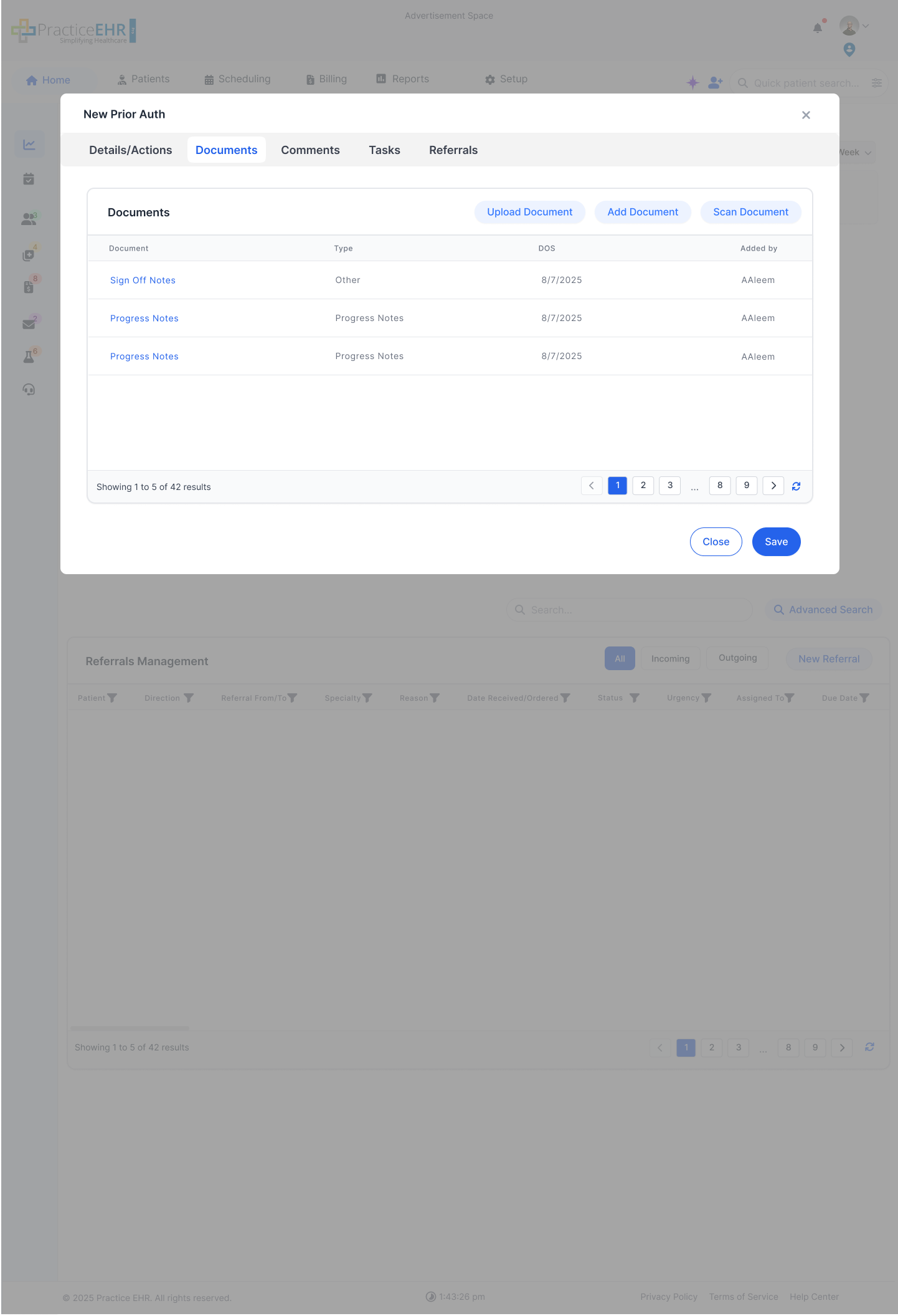 Documents tab showing Documents grid and Visit Detail grid; Progress notes appear at top of the list