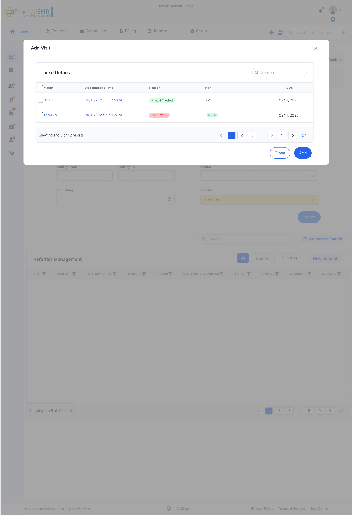 Add Visit modal for selecting visits to add to the Visit Detail grid